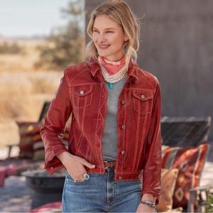 Chili red “Homestead Dreams” denim style leather jacket. New with tags!